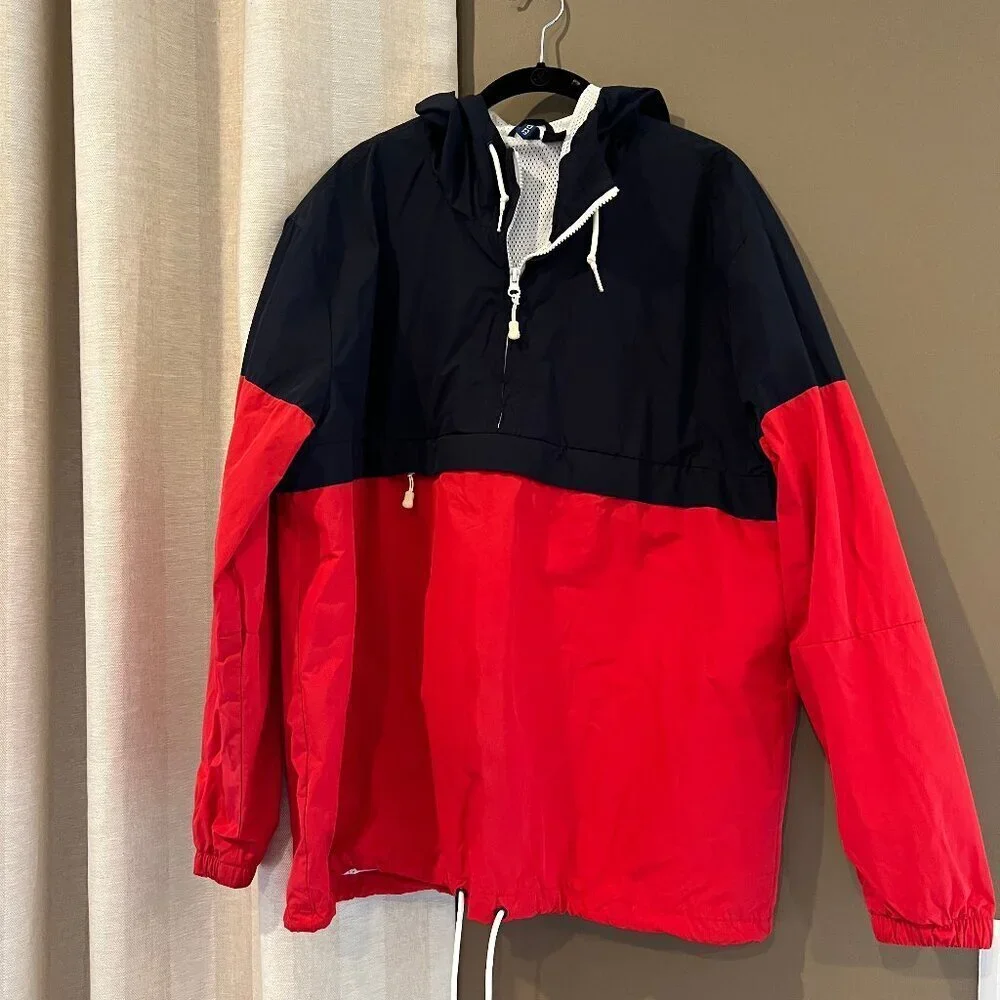Divided H&M Water and Wind Resistant Hooded Jacket, Red & Blue, Size Large